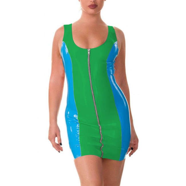 Sexy Patchwork Dress for Women Fashion Sleeveless Backless Dress PVC Leather Party Clubwear Exotic Front Zip Bodycon Mini Dress