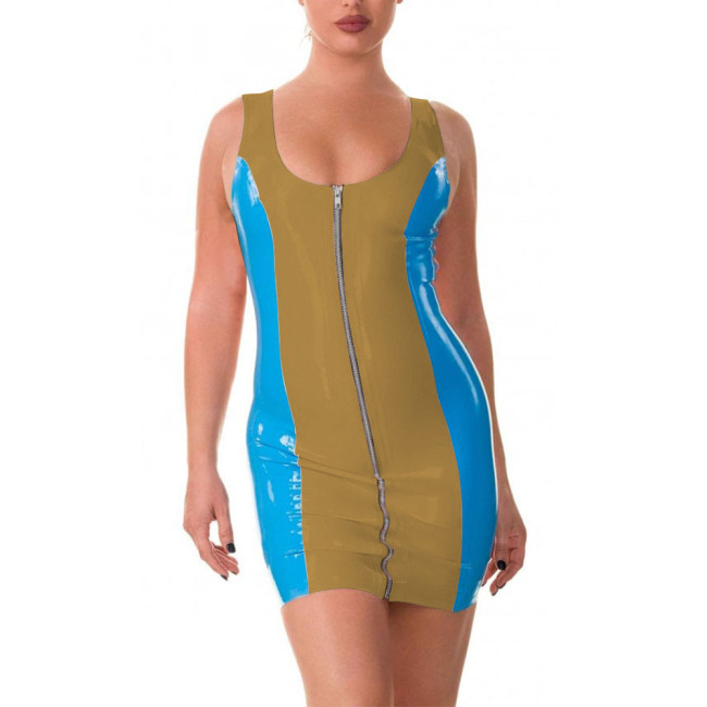 Sexy Patchwork Dress for Women Fashion Sleeveless Backless Dress PVC Leather Party Clubwear Exotic Front Zip Bodycon Mini Dress