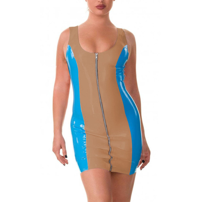 Sexy Patchwork Dress for Women Fashion Sleeveless Backless Dress PVC Leather Party Clubwear Exotic Front Zip Bodycon Mini Dress