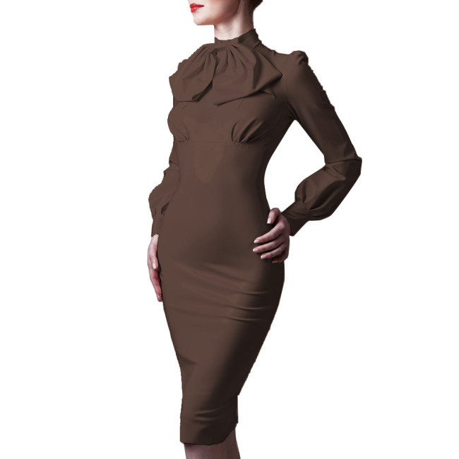 Elegance Bodyon Dress with Bowknot Womens Patent Leather Long Sleeve Knee Length Dress Lady Office Sissy Slim Fit Pencil Dress