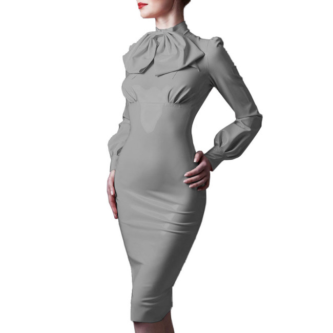 Elegance Bodyon Dress with Bowknot Womens Patent Leather Long Sleeve Knee Length Dress Lady Office Sissy Slim Fit Pencil Dress