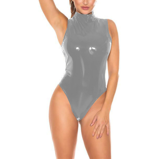 Sleeveless Elastic Playsuits Summer Solid Sexy Bodycon Women Patent Leather Shiny Bodysuits Chic Lady Club Wetlook Tights Femme