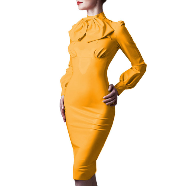 Elegance Bodyon Dress with Bowknot Womens Patent Leather Long Sleeve Knee Length Dress Lady Office Sissy Slim Fit Pencil Dress