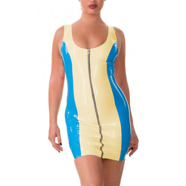 Sexy Patchwork Dress for Women Fashion Sleeveless Backless Dress PVC Leather Party Clubwear Exotic Front Zip Bodycon Mini Dress