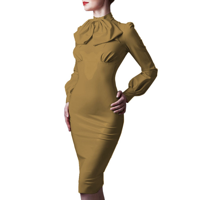 Elegance Bodyon Dress with Bowknot Womens Patent Leather Long Sleeve Knee Length Dress Lady Office Sissy Slim Fit Pencil Dress