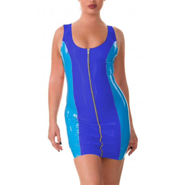 Sexy Patchwork Dress for Women Fashion Sleeveless Backless Dress PVC Leather Party Clubwear Exotic Front Zip Bodycon Mini Dress