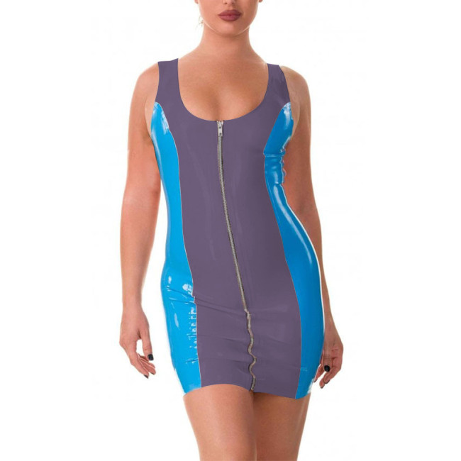 Sexy Patchwork Dress for Women Fashion Sleeveless Backless Dress PVC Leather Party Clubwear Exotic Front Zip Bodycon Mini Dress