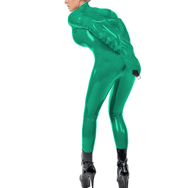Exotic Sexy Arm Restraint Adult Jumpsuit Wet PVC Leather Bondage Zipper Open Ctotch Bodysuit Club Arm Binder Role Play Catsuit