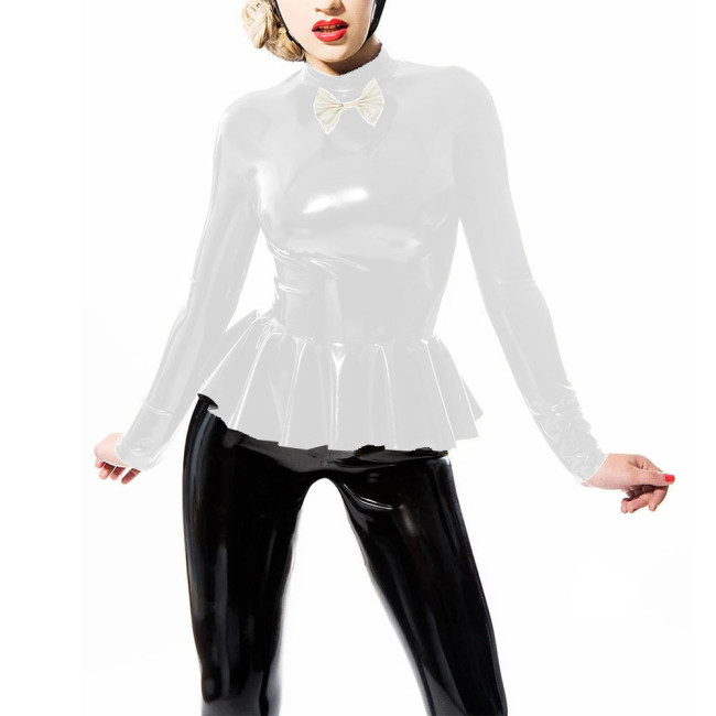 Long Sleeve Female Tops Mock Neck with Small Bow T-shirts French Ruched Hem Costumes Glossy Faux Latex Bodycon Office Daily Wear