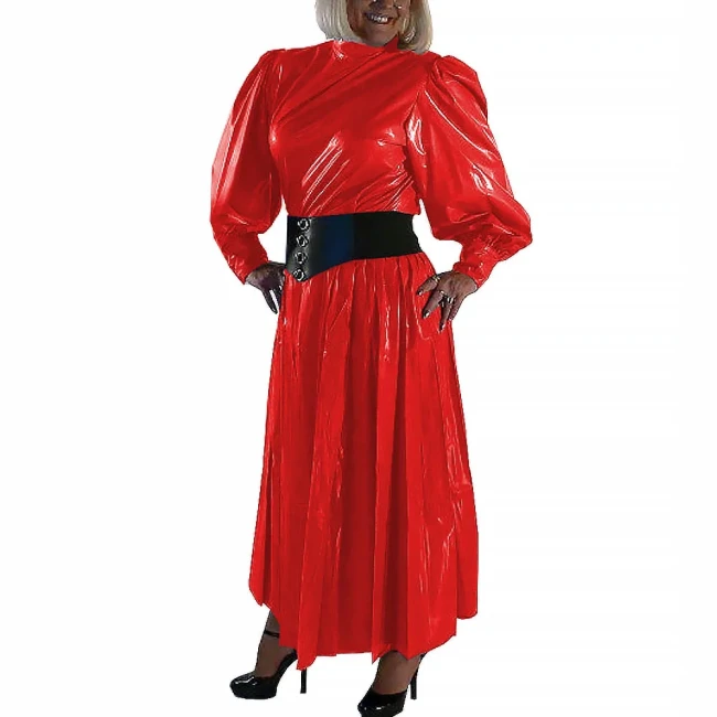 Women Fashion Pleated Dress Round Neck Lantern Long Sleeve Frock Wetlook PVC Leather Attire Maxi Dress Female Party Ball Gowns