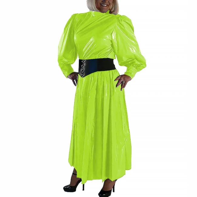 Women Fashion Pleated Dress Round Neck Lantern Long Sleeve Frock Wetlook PVC Leather Attire Maxi Dress Female Party Ball Gowns