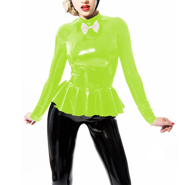 Long Sleeve Female Tops Mock Neck with Small Bow T-shirts French Ruched Hem Costumes Glossy Faux Latex Bodycon Office Daily Wear