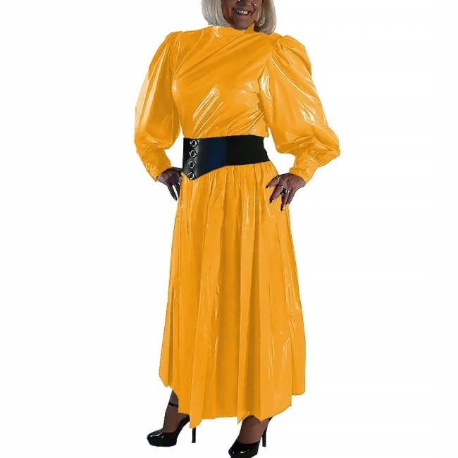 Women Fashion Pleated Dress Round Neck Lantern Long Sleeve Frock Wetlook PVC Leather Attire Maxi Dress Female Party Ball Gowns