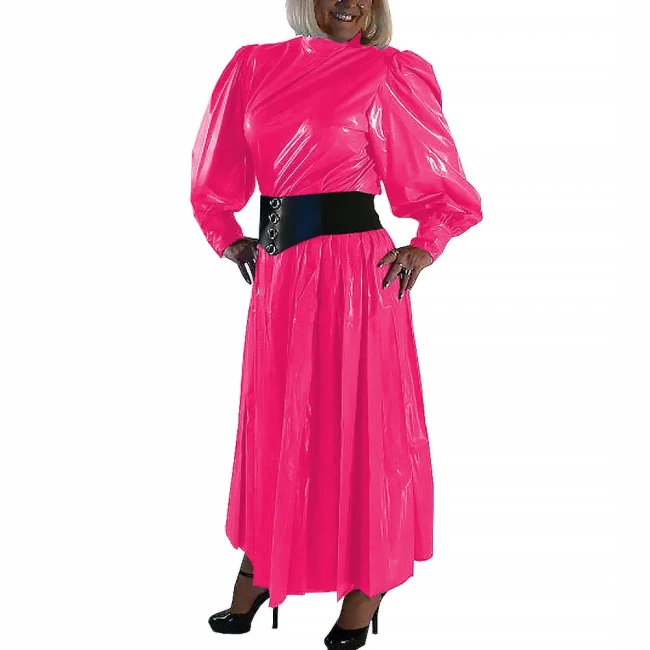 Women Fashion Pleated Dress Round Neck Lantern Long Sleeve Frock Wetlook PVC Leather Attire Maxi Dress Female Party Ball Gowns