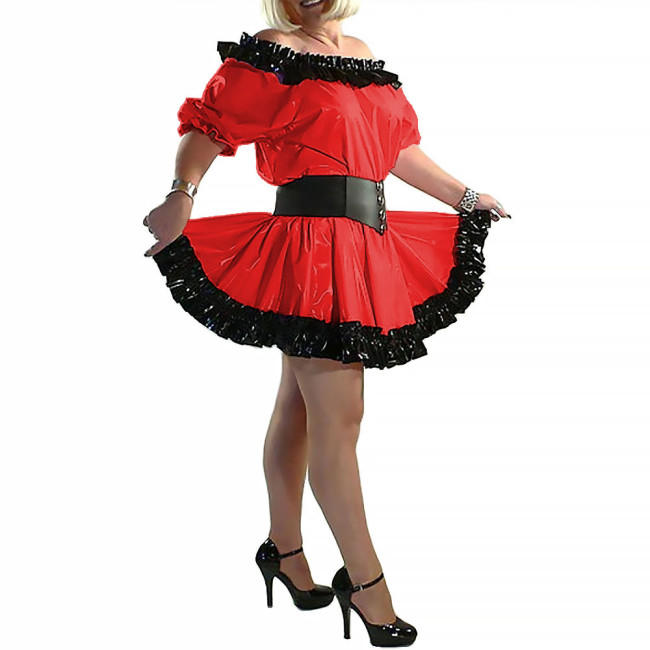 Lady Slash Neck Princess Dress Short Sleeve A-line Dress Balck Ruffled Shiny Patent Leather Clothing Party Club Stage Apparel