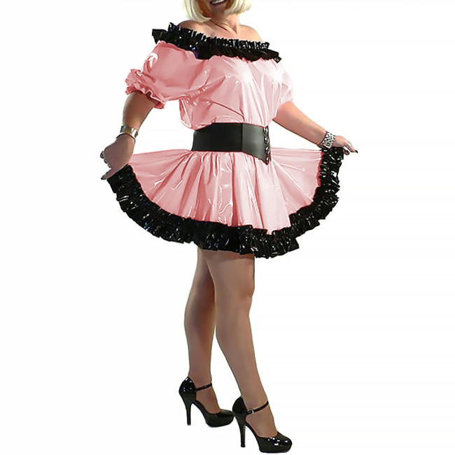 Lady Slash Neck Princess Dress Short Sleeve A-line Dress Balck Ruffled Shiny Patent Leather Clothing Party Club Stage Apparel