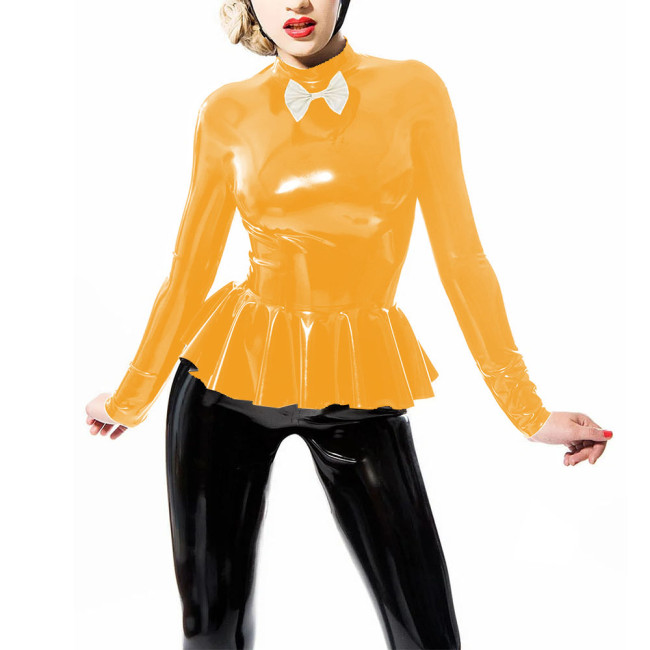 Long Sleeve Female Tops Mock Neck with Small Bow T-shirts French Ruched Hem Costumes Glossy Faux Latex Bodycon Office Daily Wear