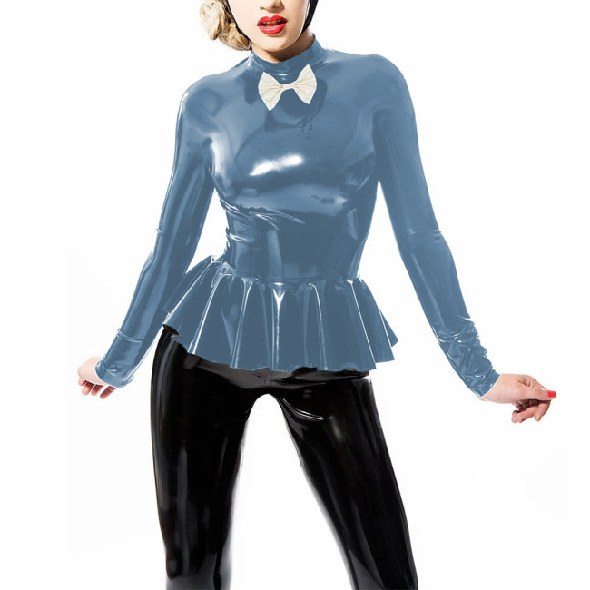 Long Sleeve Female Tops Mock Neck with Small Bow T-shirts French Ruched Hem Costumes Glossy Faux Latex Bodycon Office Daily Wear