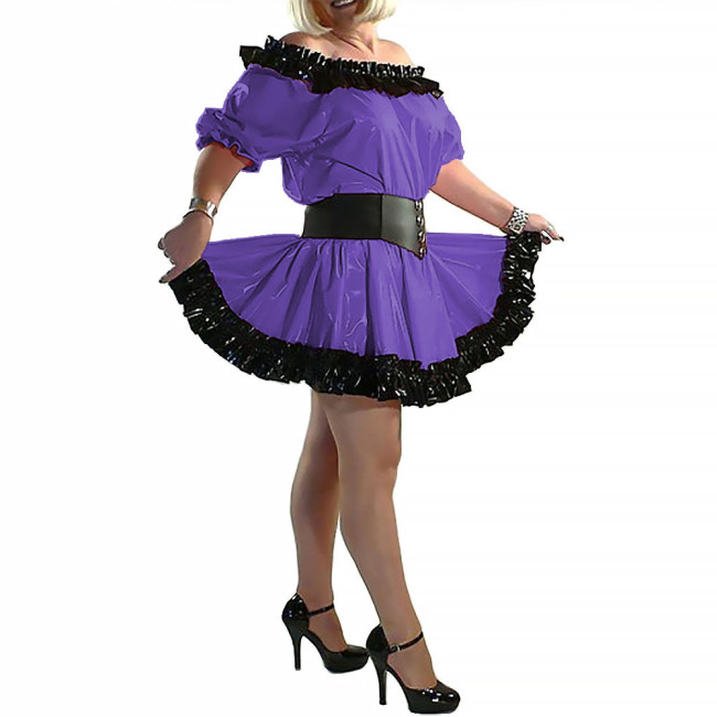 Lady Slash Neck Princess Dress Short Sleeve A-line Dress Balck Ruffled Shiny Patent Leather Clothing Party Club Stage Apparel