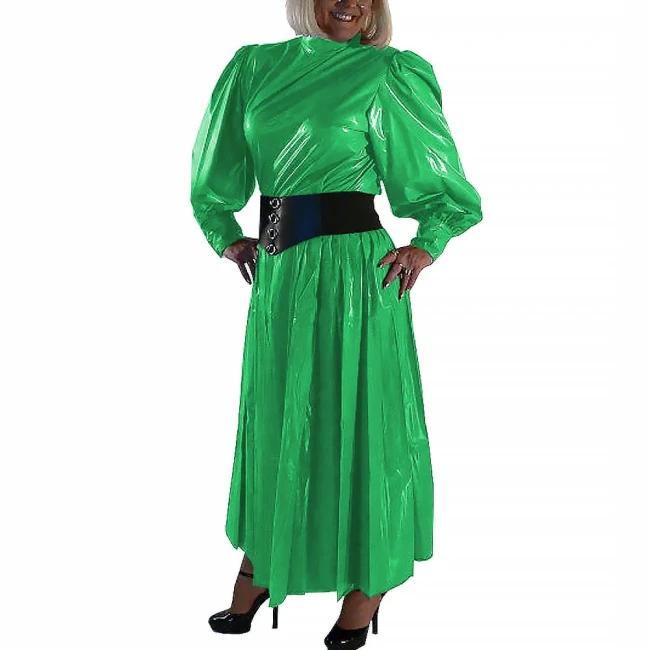 Women Fashion Pleated Dress Round Neck Lantern Long Sleeve Frock Wetlook PVC Leather Attire Maxi Dress Female Party Ball Gowns
