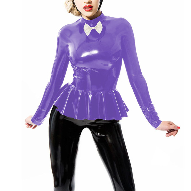 Long Sleeve Female Tops Mock Neck with Small Bow T-shirts French Ruched Hem Costumes Glossy Faux Latex Bodycon Office Daily Wear