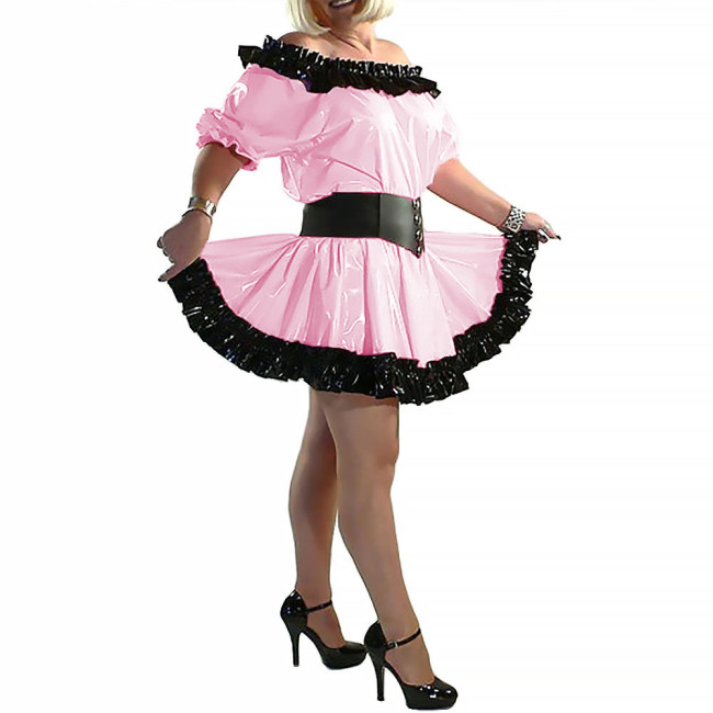 Lady Slash Neck Princess Dress Short Sleeve A-line Dress Balck Ruffled Shiny Patent Leather Clothing Party Club Stage Apparel
