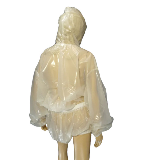 Unisex  Transparent Loose Bodysuits Front Zipper Hoode Jumpsuits Clear PVC Leather Costumes Novelty Club Aesthetics Rompers