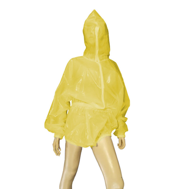 Unisex  Transparent Loose Bodysuits Front Zipper Hoode Jumpsuits Clear PVC Leather Costumes Novelty Club Aesthetics Rompers