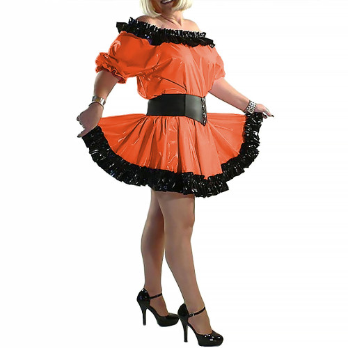 Lady Slash Neck Princess Dress Short Sleeve A-line Dress Balck Ruffled Shiny Patent Leather Clothing Party Club Stage Apparel
