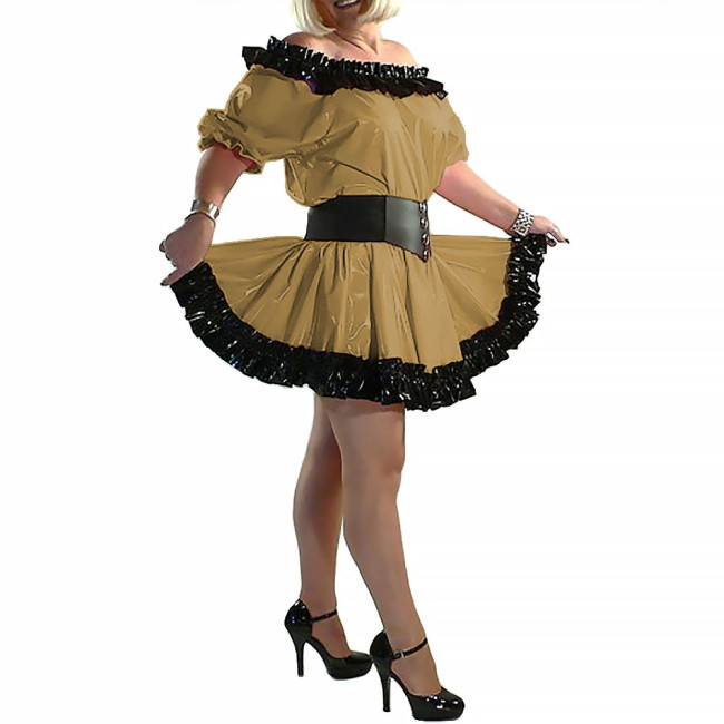 Lady Slash Neck Princess Dress Short Sleeve A-line Dress Balck Ruffled Shiny Patent Leather Clothing Party Club Stage Apparel