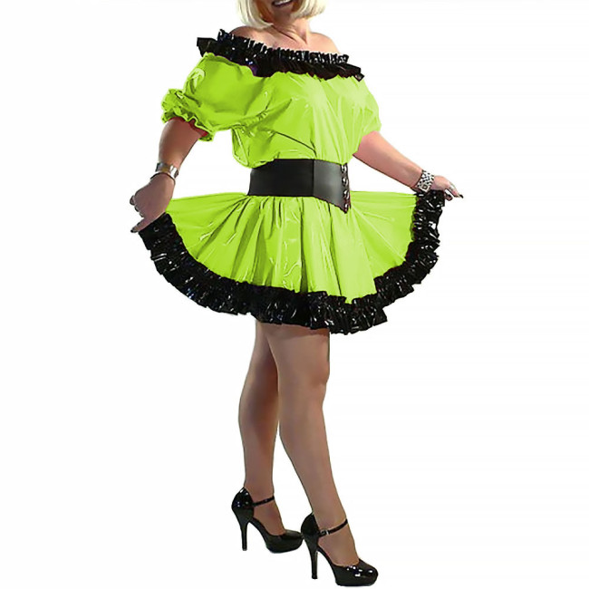 Lady Slash Neck Princess Dress Short Sleeve A-line Dress Balck Ruffled Shiny Patent Leather Clothing Party Club Stage Apparel