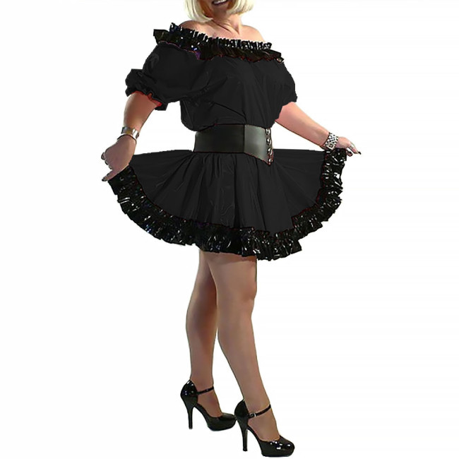 Lady Slash Neck Princess Dress Short Sleeve A-line Dress Balck Ruffled Shiny Patent Leather Clothing Party Club Stage Apparel