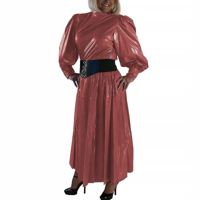 Women Fashion Pleated Dress Round Neck Lantern Long Sleeve Frock Wetlook PVC Leather Attire Maxi Dress Female Party Ball Gowns