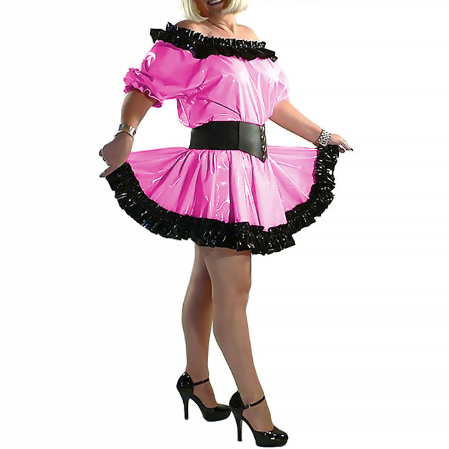 Lady Slash Neck Princess Dress Short Sleeve A-line Dress Balck Ruffled Shiny Patent Leather Clothing Party Club Stage Apparel