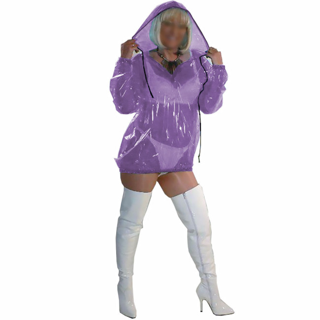 Women Sissy Sexy Costume Transparent PVC Long Sleeve Hooded Collar Dress Fetish Plastic Straight Dress Party Pole Dancing