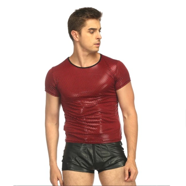 Men Patent Leather T-Shirt Short-Sleeve Metallic Top Summer Wet Look Club Party Pole Dance Costume Punk Gothic Shiny Tee Shirts