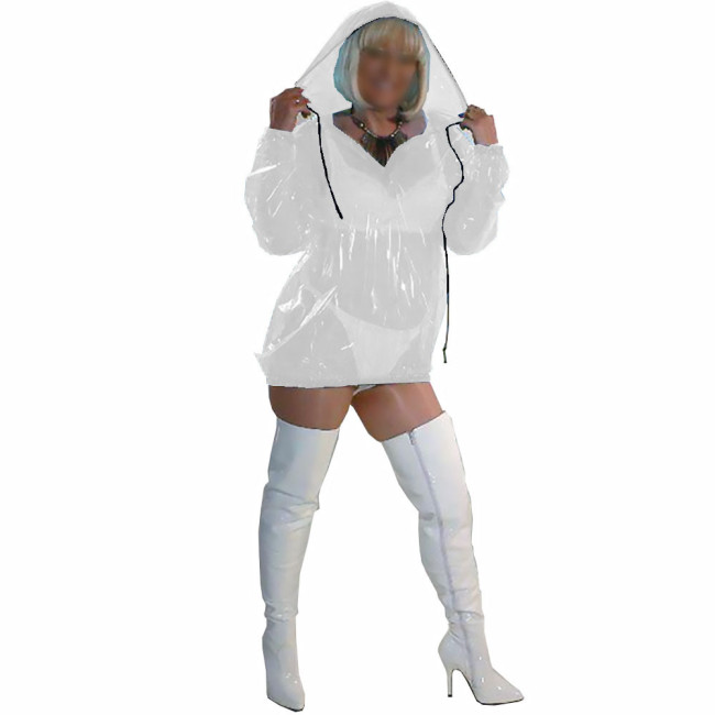 Women Sissy Sexy Costume Transparent PVC Long Sleeve Hooded Collar Dress Fetish Plastic Straight Dress Party Pole Dancing