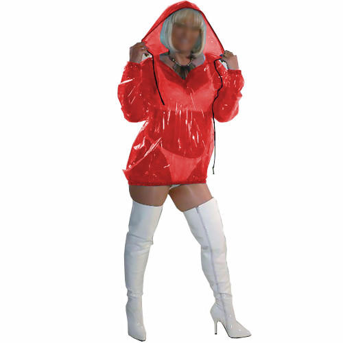 Women Sissy Sexy Costume Transparent PVC Long Sleeve Hooded Collar Dress Fetish Plastic Straight Dress Party Pole Dancing