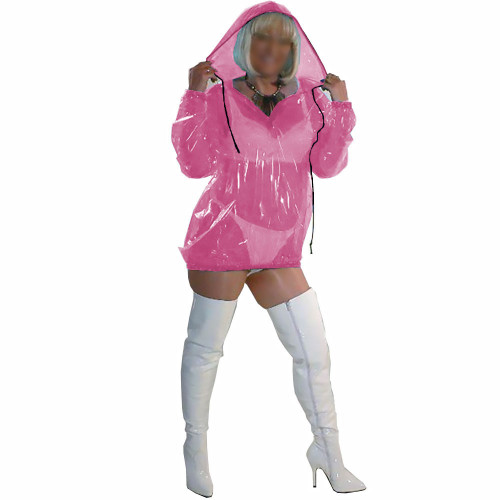 Women Sissy Sexy Costume Transparent PVC Long Sleeve Hooded Collar Dress Fetish Plastic Straight Dress Party Pole Dancing