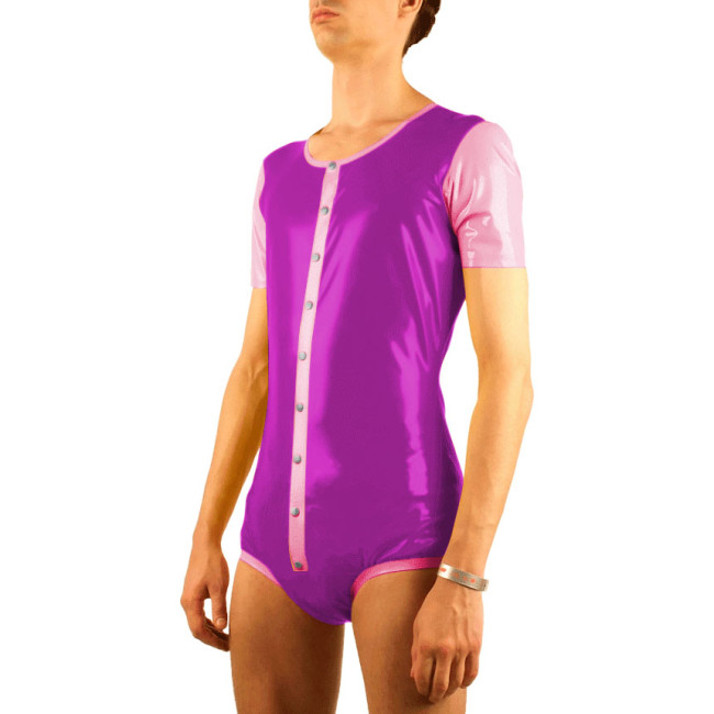 Novelty Man Costume Glossy PVC Leather Single Breasted Patchwork Bodysuits Sissy Slim Plus Size Jumpsuit Fetish Club Stage Wear