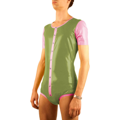 Novelty Man Costume Glossy PVC Leather Single Breasted Patchwork Bodysuits Sissy Slim Plus Size Jumpsuit Fetish Club Stage Wear