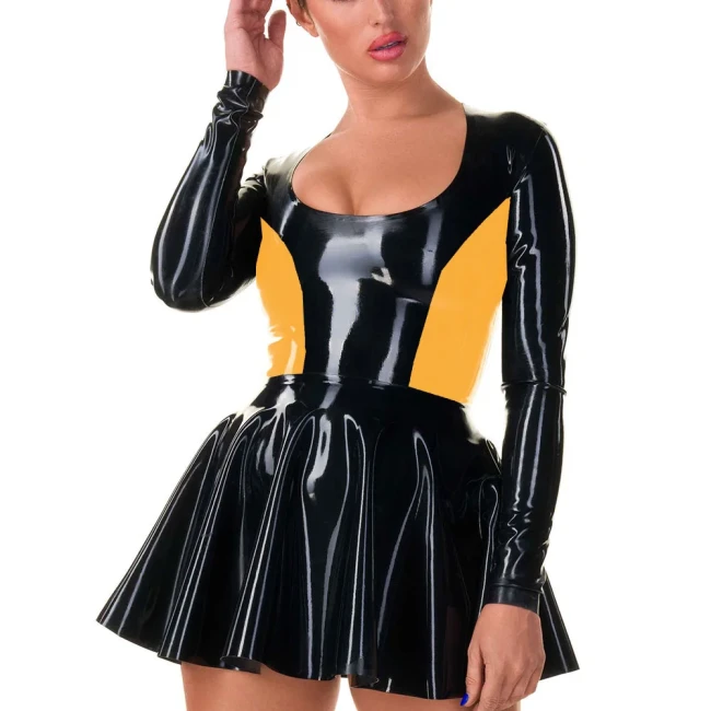 High Street Casual Short Women Dress Faux Leather Patchwork Sexy Ruffles Mini Dress Sissy Long Sleeve Dress Female Clubwear