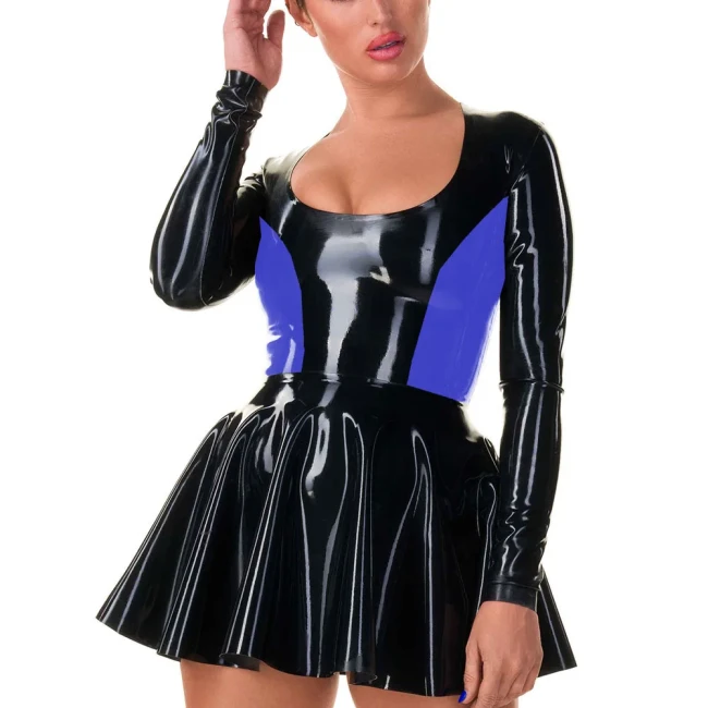 High Street Casual Short Women Dress Faux Leather Patchwork Sexy Ruffles Mini Dress Sissy Long Sleeve Dress Female Clubwear