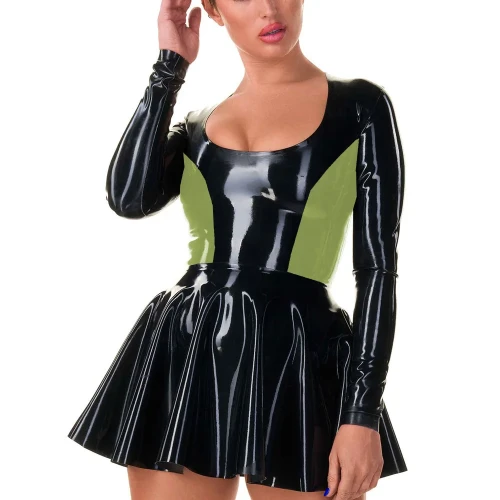 High Street Casual Short Women Dress Faux Leather Patchwork Sexy Ruffles Mini Dress Sissy Long Sleeve Dress Female Clubwear