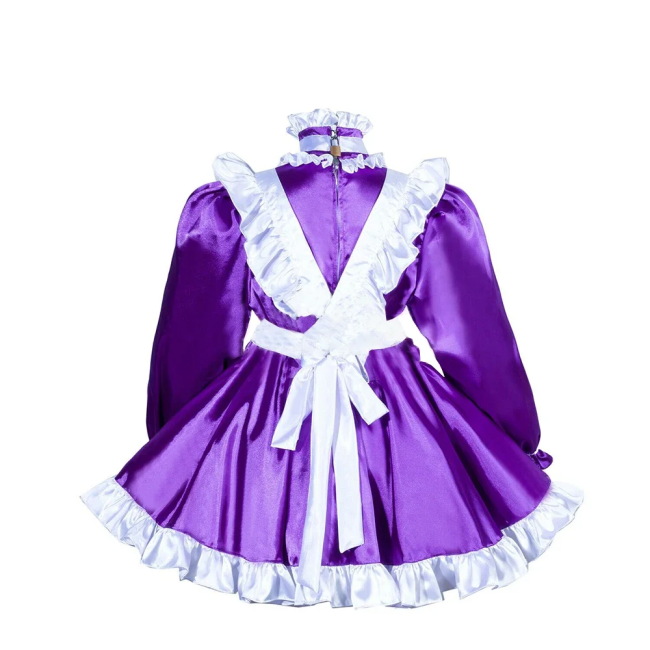 French Maid Uniform Shiny Turtleneck White Ruffled Hem  A-line Maid Dress Outfits Satin Finish Silk-like Party Cosplay Costume