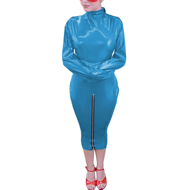 Spandex PVC Women's Wrap Dress Unisex Turtleneck Hobble Dress Wetlook Outfit Sexy Sheath Bandage Sleeve Dress Halloween Party