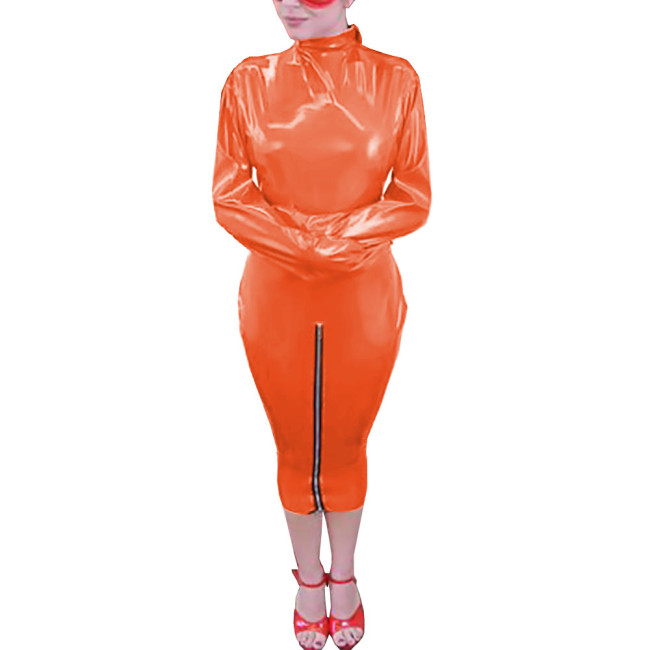Spandex PVC Women's Wrap Dress Unisex Turtleneck Hobble Dress Wetlook Outfit Sexy Sheath Bandage Sleeve Dress Halloween Party