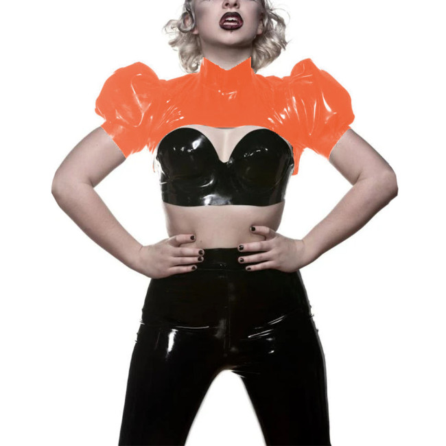 Sissy Women Fashion Mini Tops Mock Neck Puff Short Sleeve Attire Vintage Daily Match Apparel Shiny Faux Latex Strweet Wear