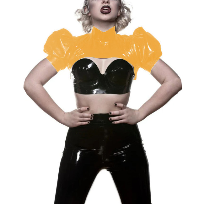 Sissy Women Fashion Mini Tops Mock Neck Puff Short Sleeve Attire Vintage Daily Match Apparel Shiny Faux Latex Strweet Wear