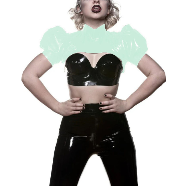Sissy Women Fashion Mini Tops Mock Neck Puff Short Sleeve Attire Vintage Daily Match Apparel Shiny Faux Latex Strweet Wear